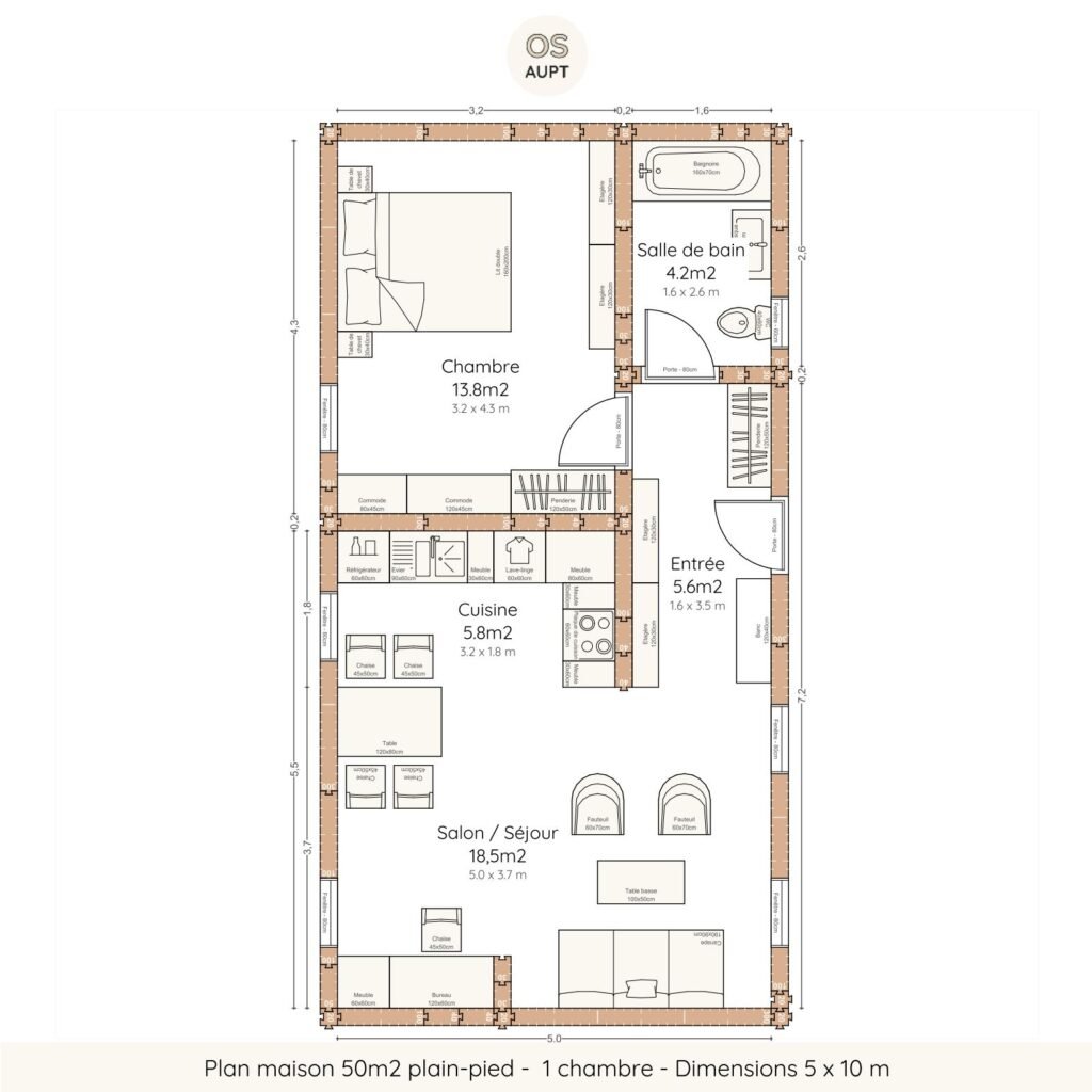 Plan maison 50m2 plain-pied - 1 chambre - Dimensions 5 x 10 m