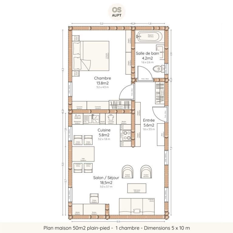 Plan maison 50m2 plain-pied - 1 chambre - Dimensions 5 x 10 m