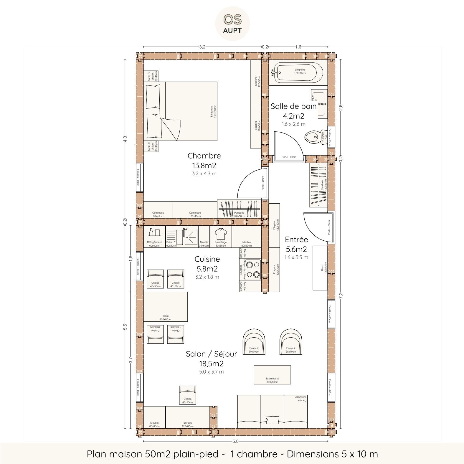 Plan maison 50m2 plain-pied - 1 chambre - Dimensions 5 x 10 m