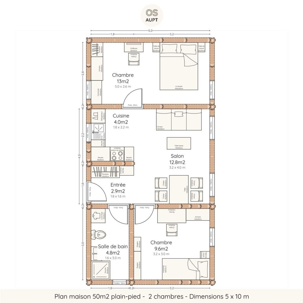 Plan maison 50m2 plain-pied - 2 chambres - Dimensions 5 x 10 m