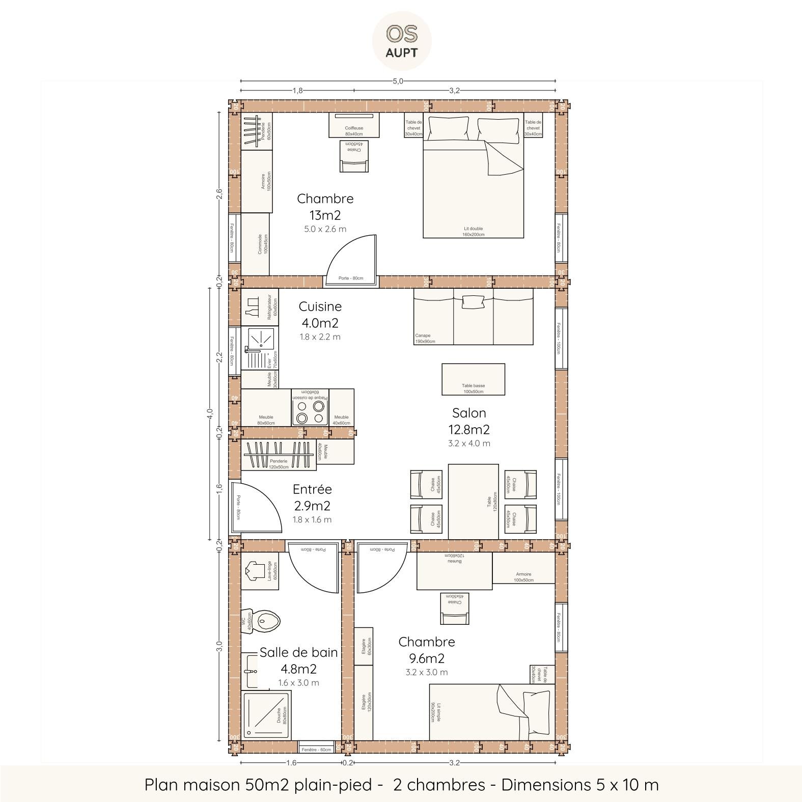 Plan maison 50m2 plain-pied - 2 chambres - Dimensions 5 x 10 m