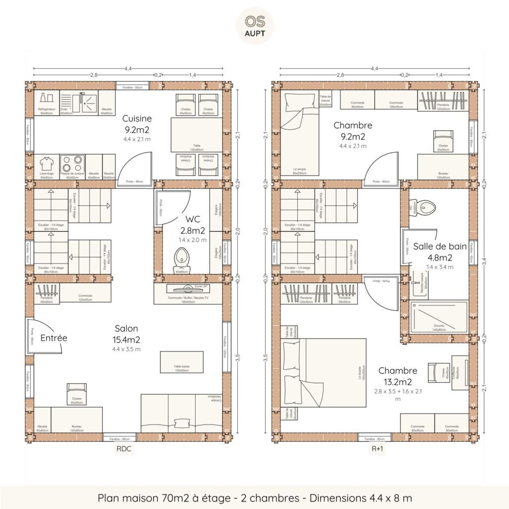 Plan maison 70m2 à étage - 2 chambres - Dimensions 4.4 x 8 m