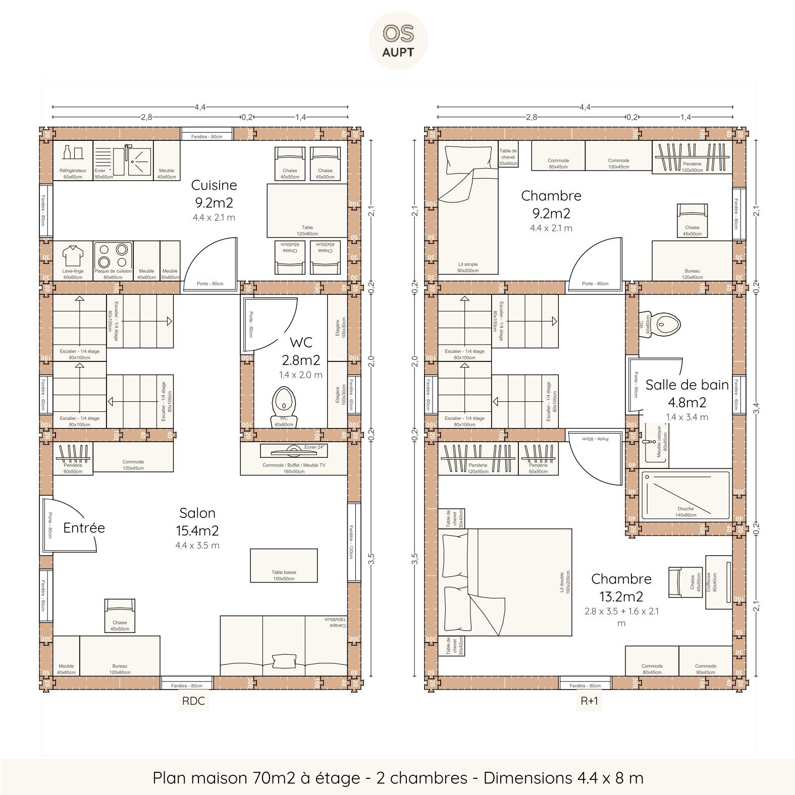 Plan maison 70m2 à étage - 2 chambres - Dimensions 4.4 x 8 m