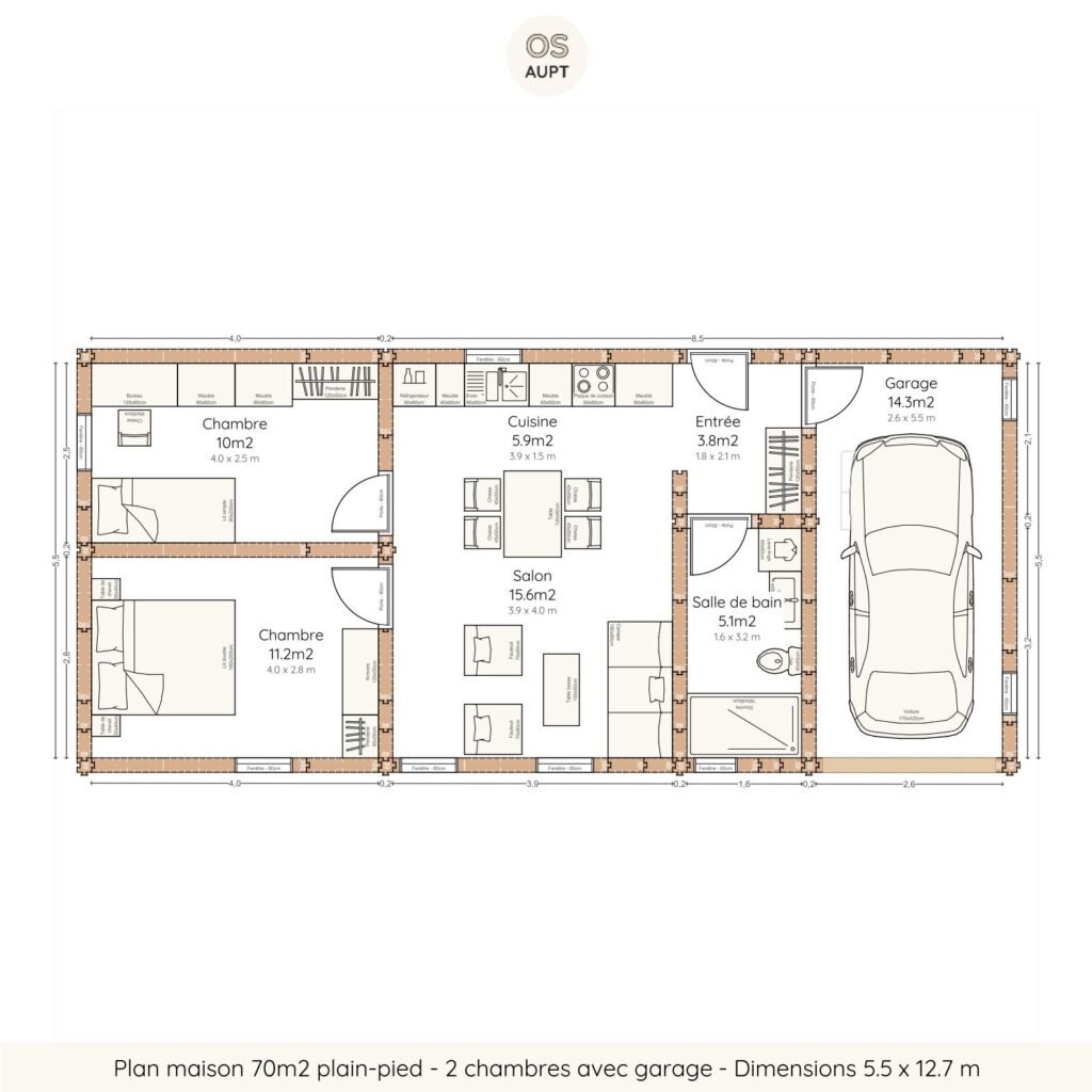 Plan maison 70m2 plain-pied - 2 chambres avec garage - Dimensions 5.5 x 12.7 m