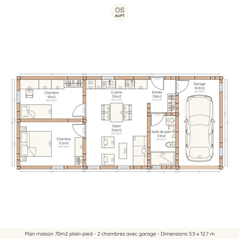 Plan maison 70m2 plain-pied - 2 chambres avec garage - Dimensions 5.5 x 12.7 m