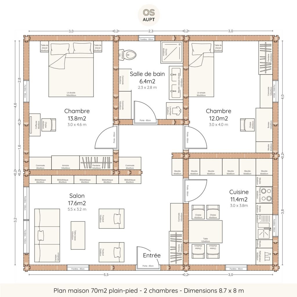 Plan maison 70m2 plain-pied - 2 chambres - Dimensions 8.7 x 8 m
