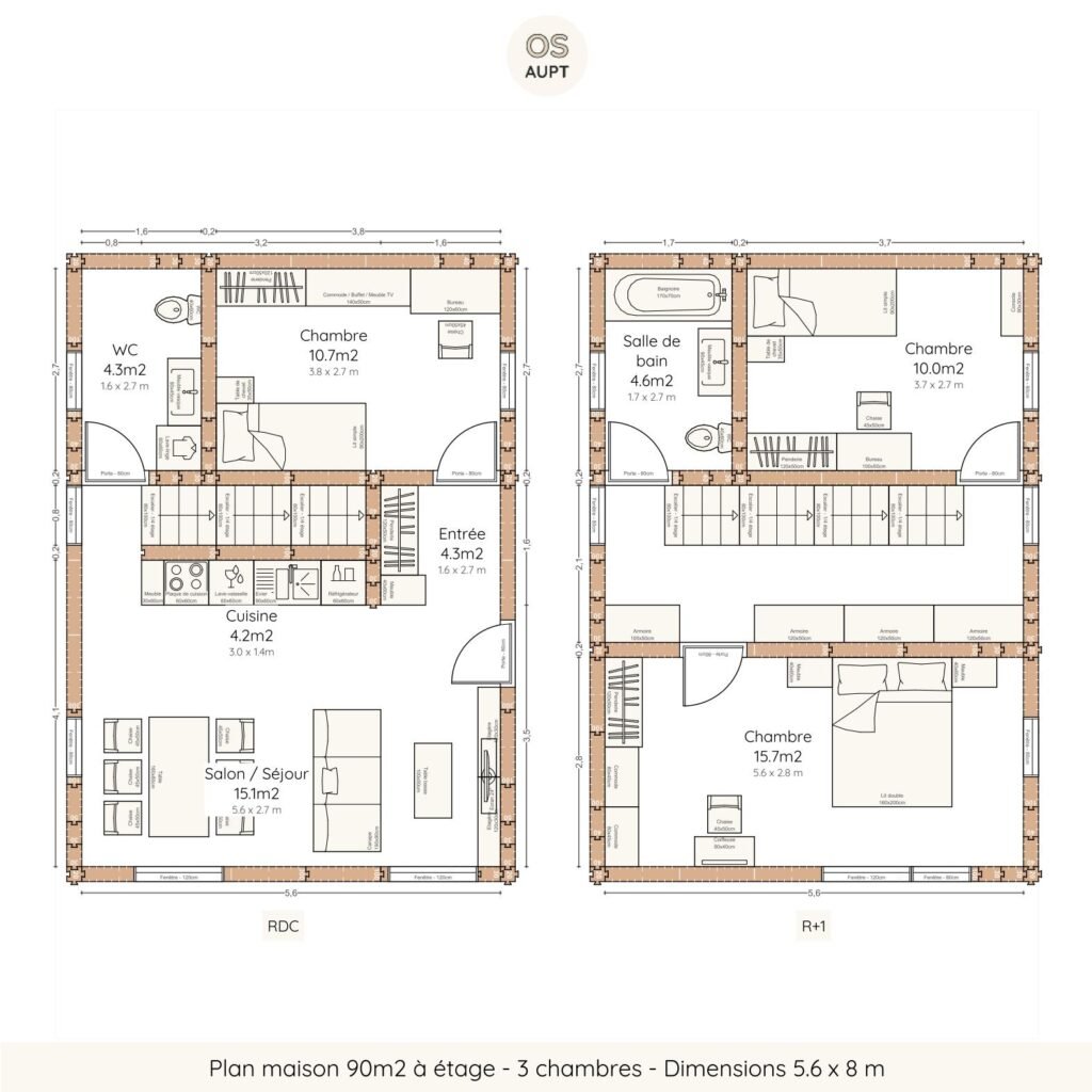 Plan maison 90m2 à étage - 3 chambres - Dimensions 5.6 x 8 m