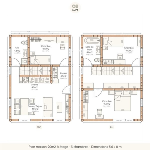 Plan maison 90m2 à étage - 3 chambres - dimensions 5. 6 x 8 m
