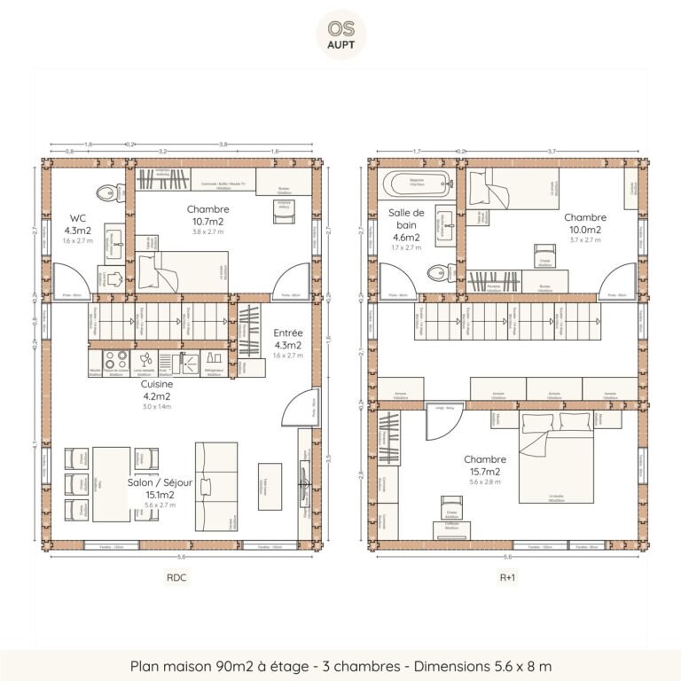 Plan maison 90m2 à étage - 3 chambres - Dimensions 5.6 x 8 m