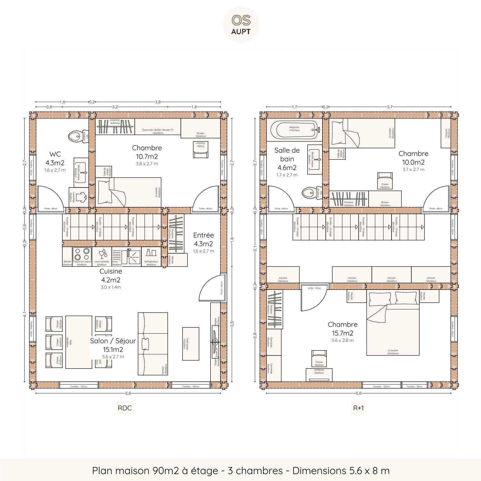 Plan maison 90m2 à étage - 3 chambres - Dimensions 5.6 x 8 m