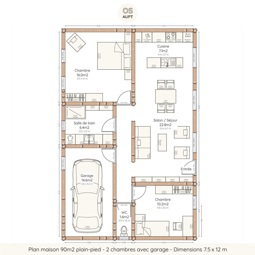 Plan maison 90m2 plain-pied - 2 chambres avec garage - Dimensions 7.5 x 12 m
