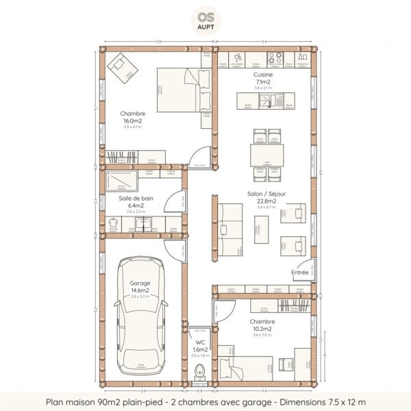 Plan maison 2 chambres : exemples (plain-pied et étage)