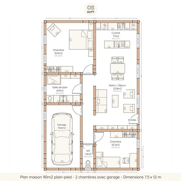 Plan maison 90m2 plain-pied - 2 chambres avec garage - Dimensions 7.5 x 12 m