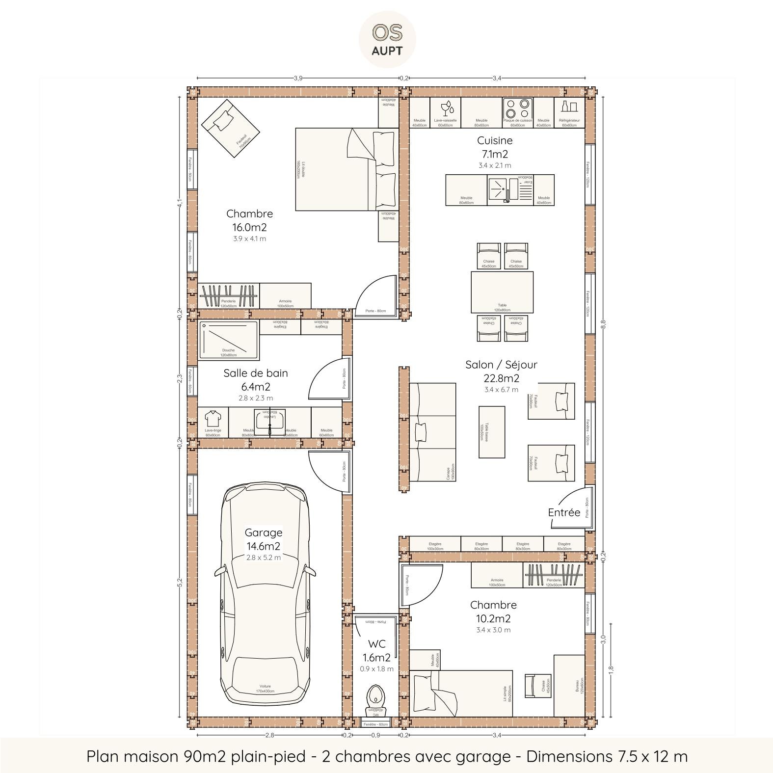 Plan maison 90m2 plain-pied - 2 chambres avec garage - Dimensions 7.5 x 12 m