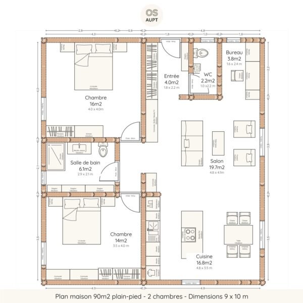 Plan maison 90m2 plain-pied - 2 chambres - Dimensions 9 x 10 m