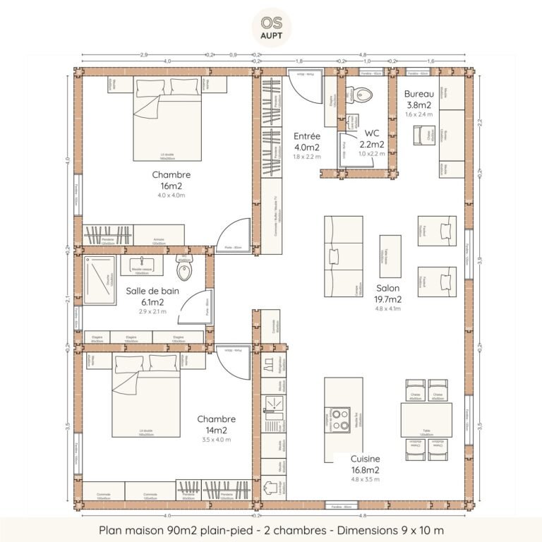 Plan maison 90m2 plain-pied - 2 chambres - Dimensions 9 x 10 m