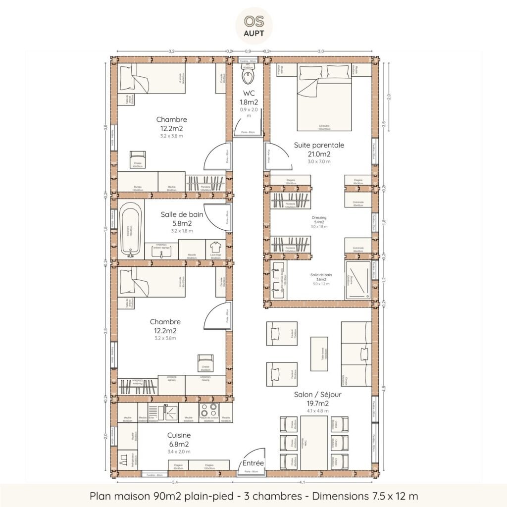 Plan maison 90m2 plain-pied - 3 chambres - Dimensions 7.5 x 12 m