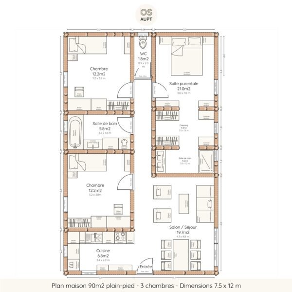 Plan maison 90m2 plain-pied - 3 chambres - dimensions 7. 5 x 12 m