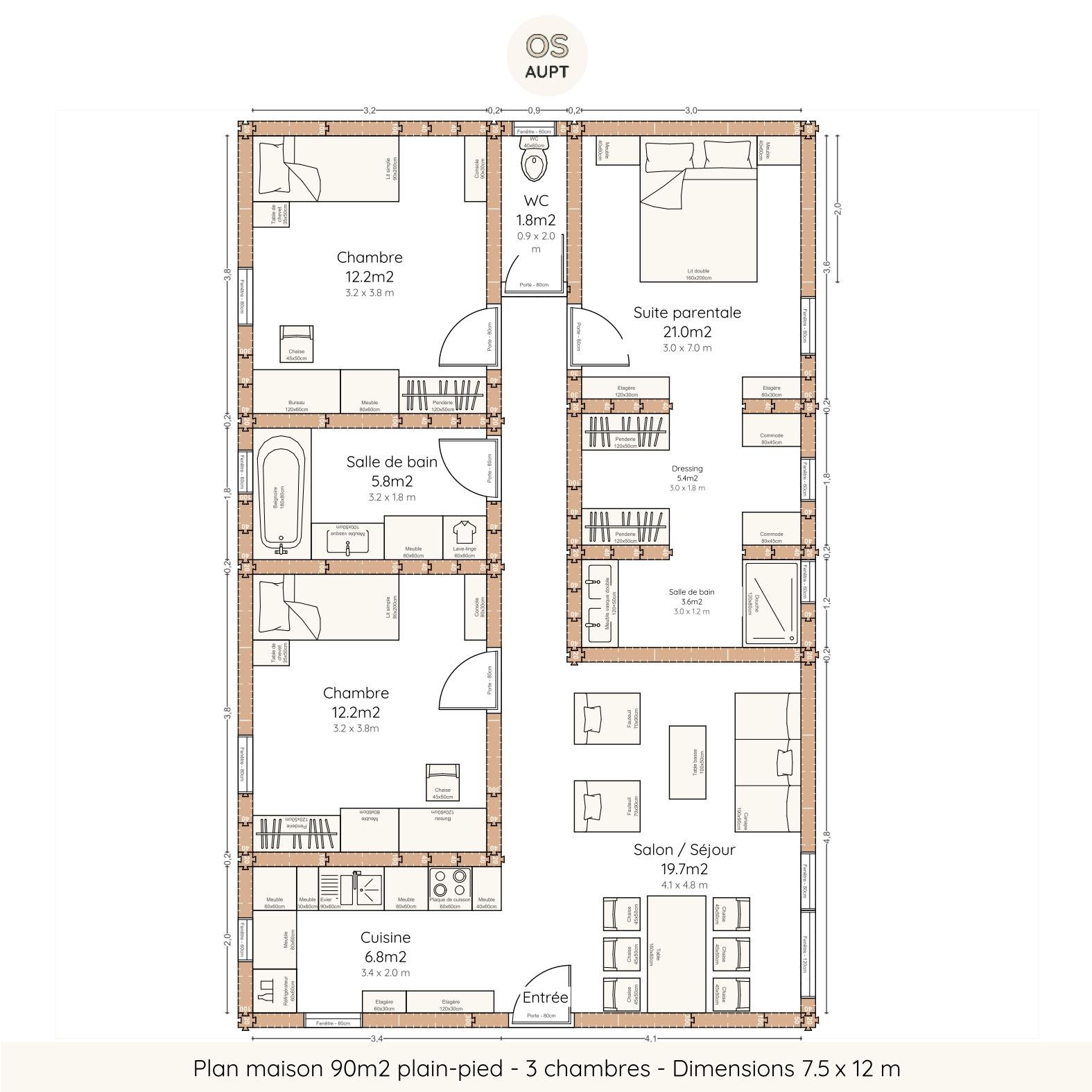Plan maison 90m2 plain-pied - 3 chambres - Dimensions 7.5 x 12 m