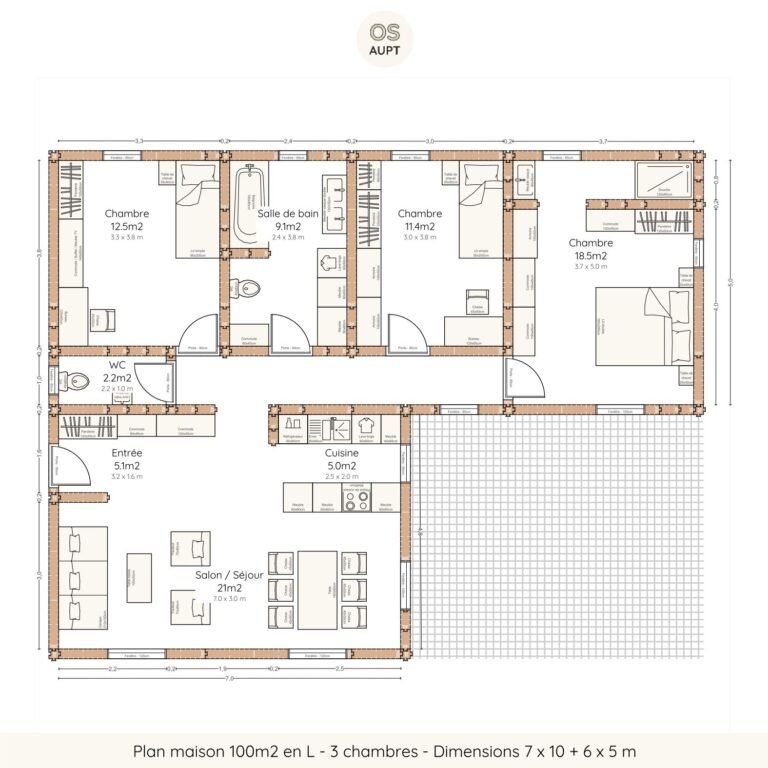 Plan maison 100m2 en L - 3 chambres - Dimensions 7 x 10 + 6 x 5 m