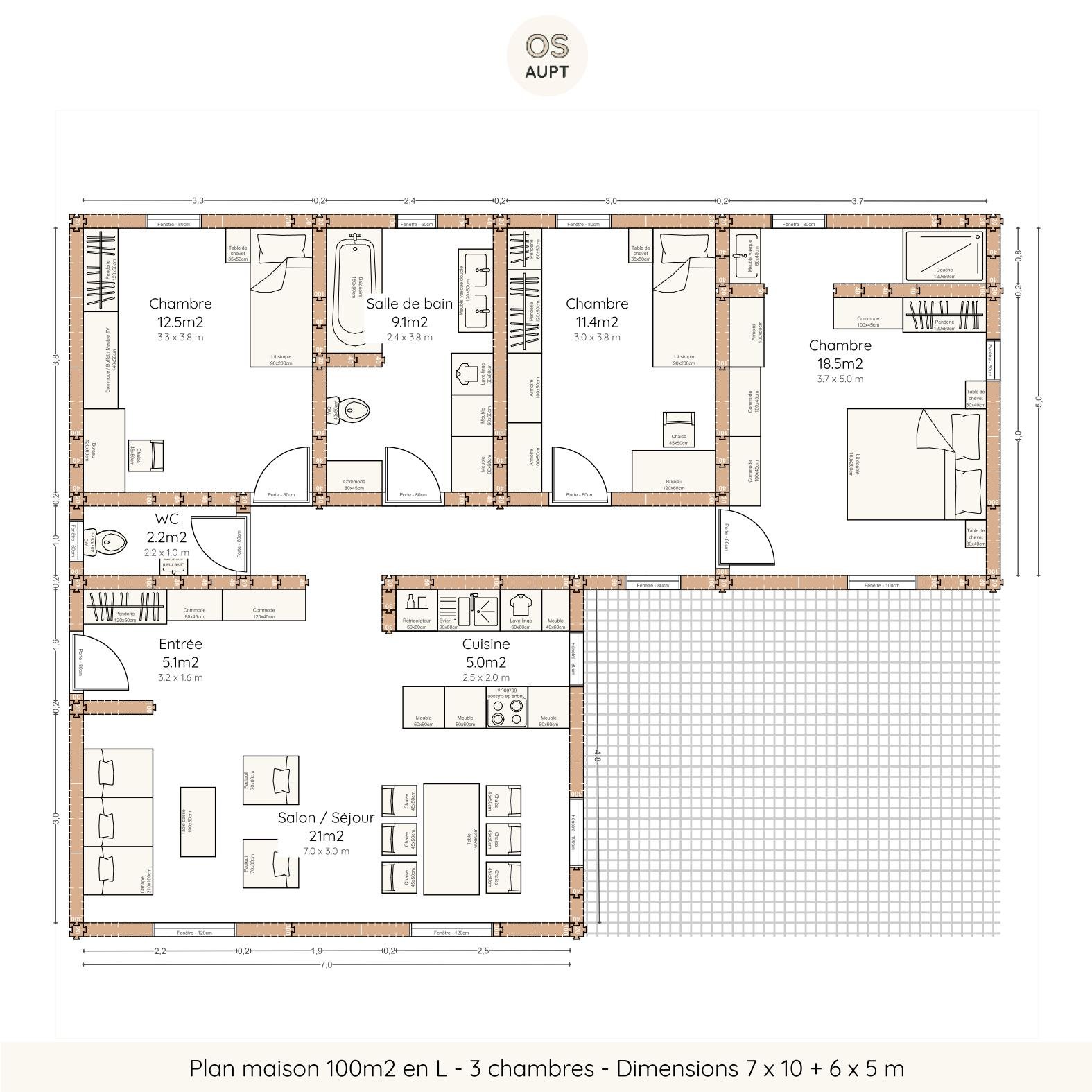 Plan maison 100m2 en L - 3 chambres - Dimensions 7 x 10 + 6 x 5 m
