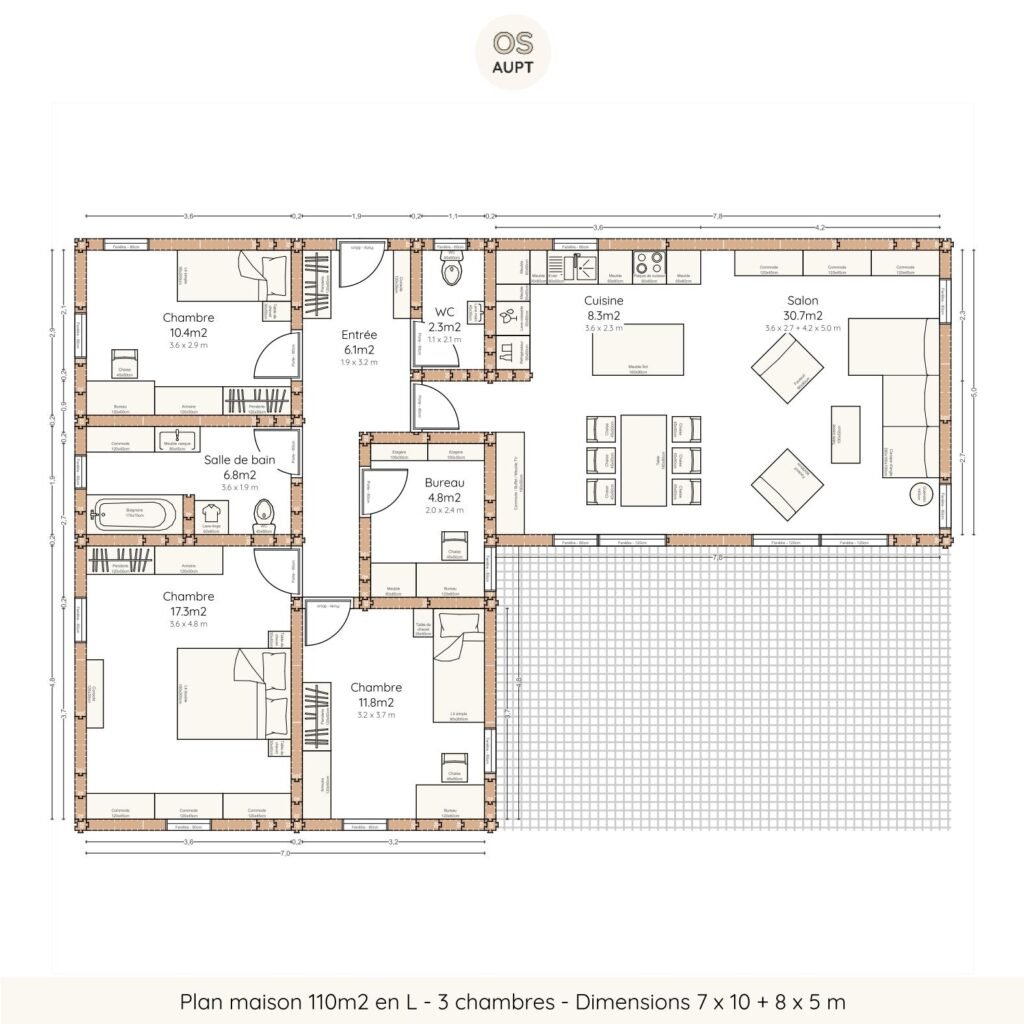 Plan maison 110m2 en L – 3 chambres – Dimensions 7 x 10 + 8 x 5 m