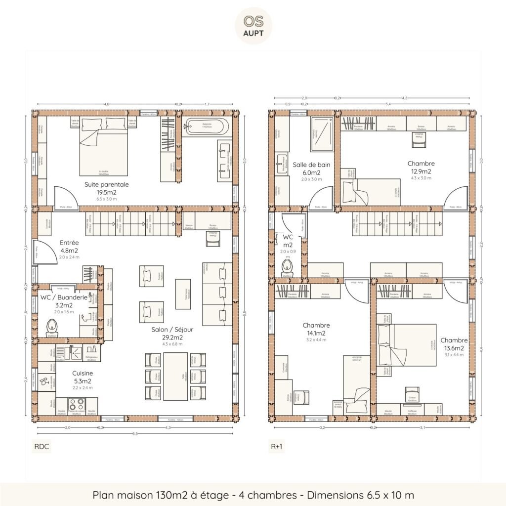 Plan maison 130m2 à étage - 4 chambres - Dimensions 6.5 x 10 m