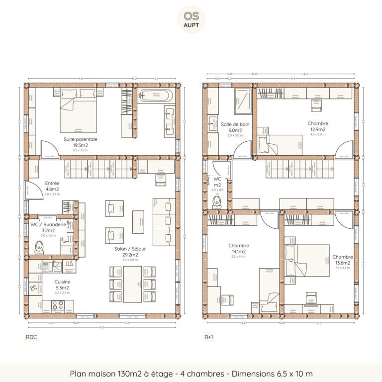 Plan maison 130m2 à étage - 4 chambres (6,5 × 10 m)