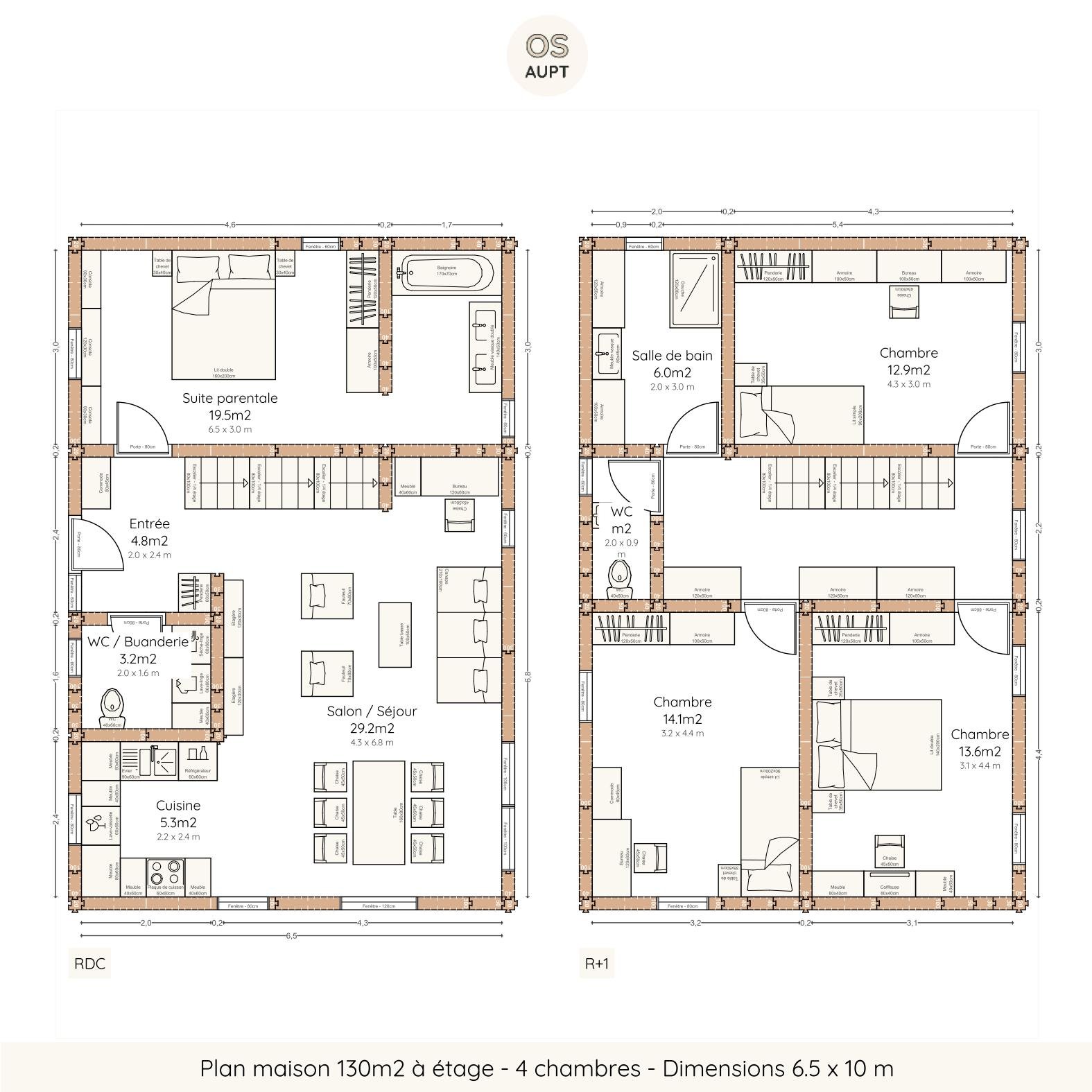 Plan maison 130m2 à étage - 4 chambres (6,5 × 10 m)
