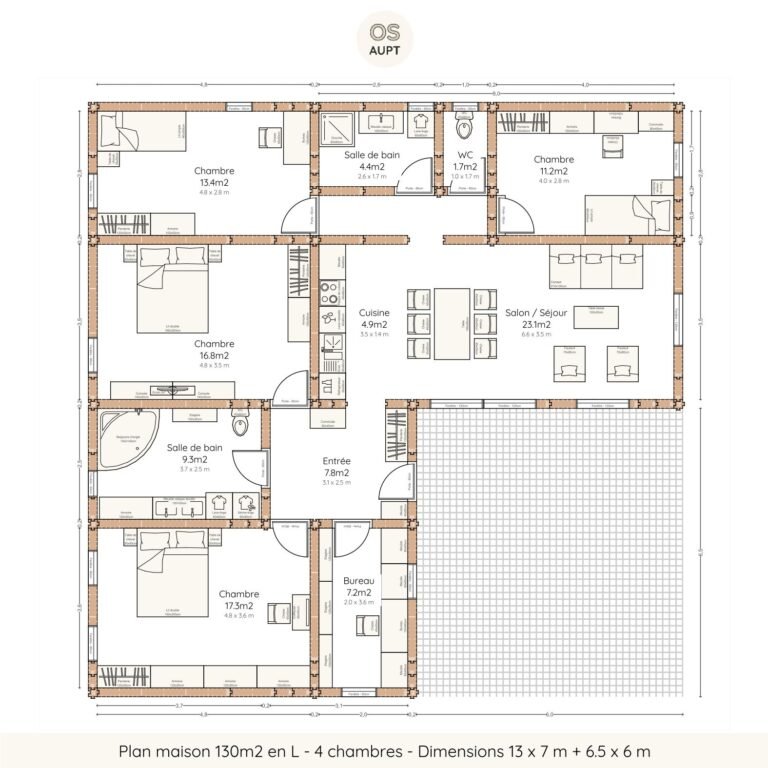 Plan maison 130m2 en L - 4 chambres - Dimensions 13 x 7 + 6.5 x 6 m