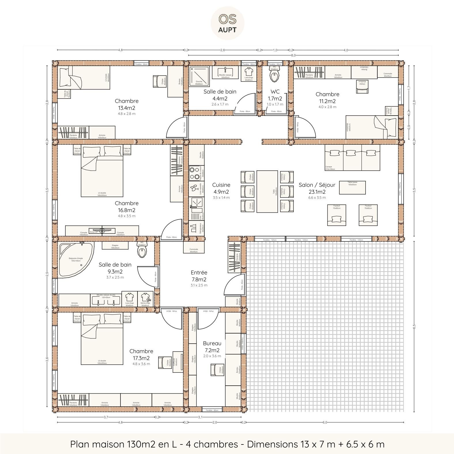 Plan maison 130m2 en L - 4 chambres - Dimensions 13 x 7 + 6.5 x 6 m