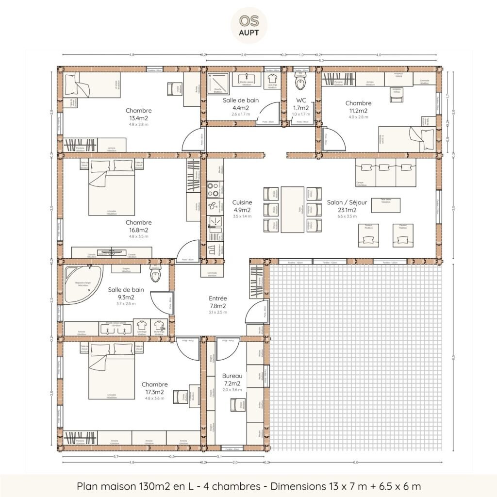 Plan maison 130m2 en L - 4 chambres - Dimensions 13 x 7 m + 6.5 x 6 m