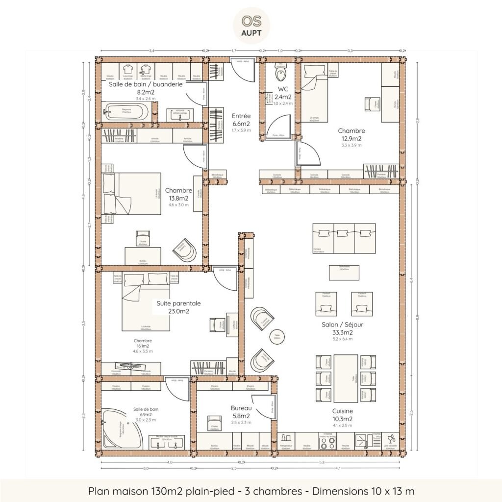 Plan maison 130m2 plain-pied - 3 chambres - Dimensions 10 x 13 m