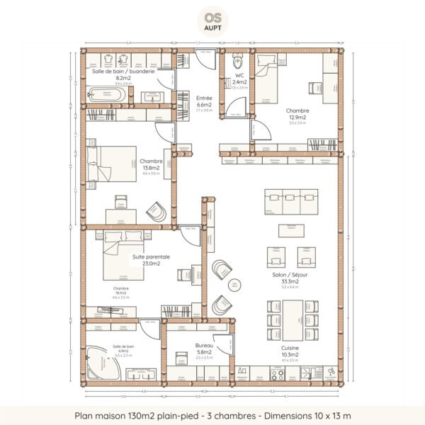Plan maison 130m2 plain-pied - 3 chambres - Dimensions 10 x 13 m