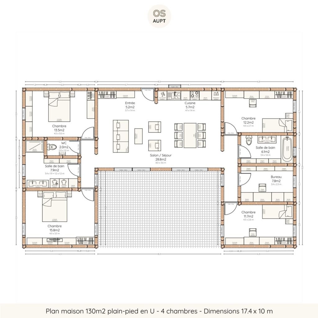 Plan maison 130m2 plain-pied en U - 4 chambres - Dimensions 17.4 x 10 m