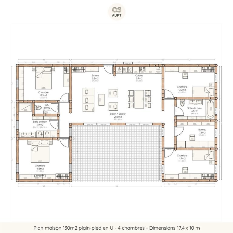 Plan maison 130m2 plain-pied en U - 4 chambres - Dimensions 17.4 x 10 m