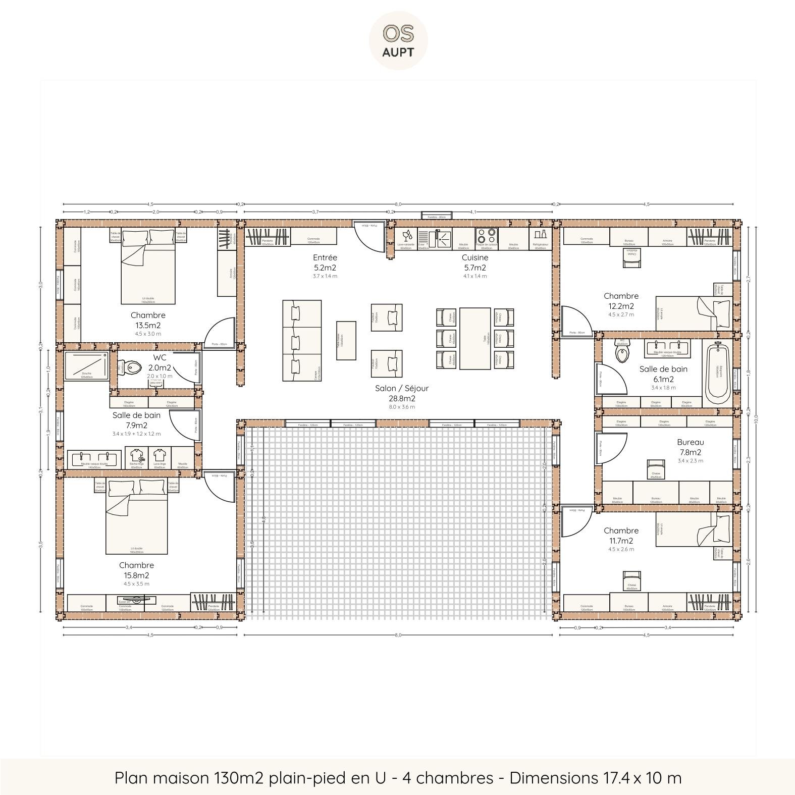 Plan maison 130m2 plain-pied en U - 4 chambres - Dimensions 17.4 x 10 m