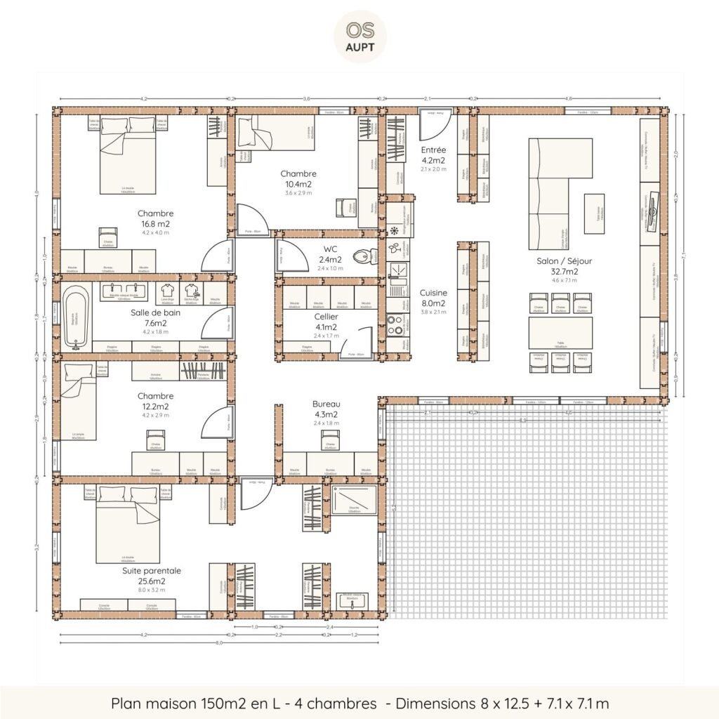 Plan maison 150m2 en L – 4 chambres – Dimensions 8 x 12.5 + 7.1 x 7.1 m