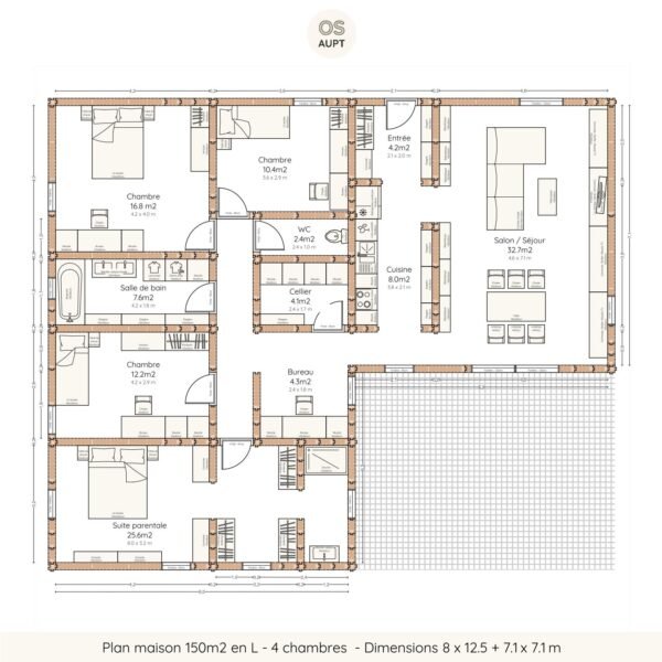 Plan maison 150m2 en L - 4 chambres - Dimensions 8 x 12.5 + 7.1 x 7.1 m