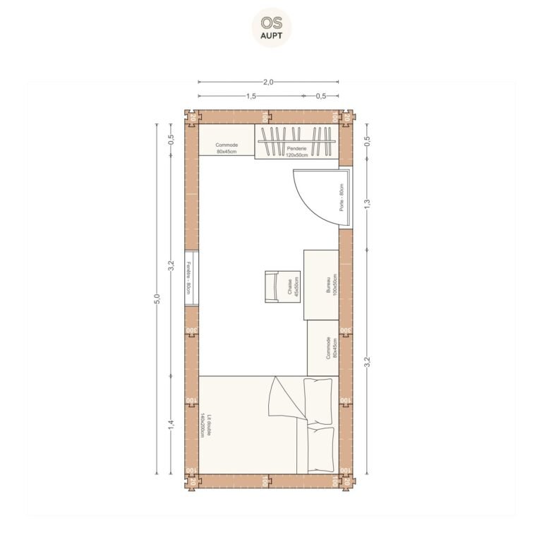Plan chambre 10m2 avec lit 140cm bureau 100cm et penderie 2. 0 x 5. 0 m