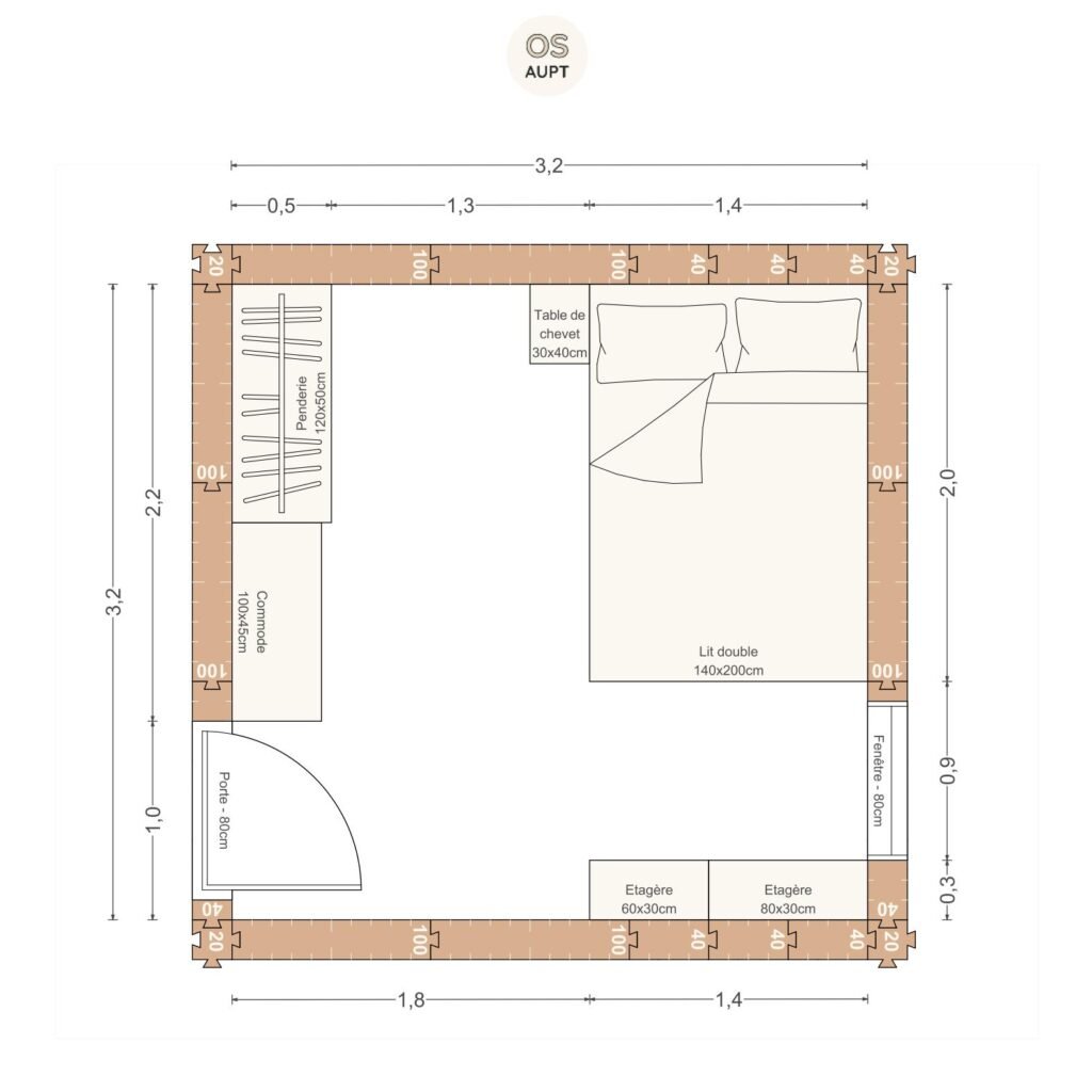 Plan chambre 10m2 avec lit 140cm et penderie 3. 2 x 3. 2 m