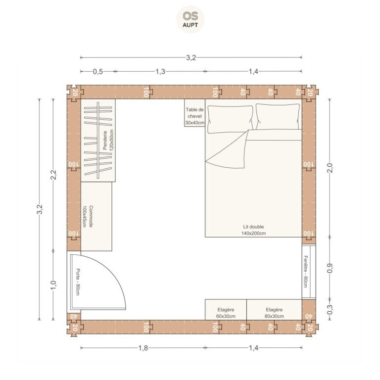 Plan chambre 10m2 avec lit 140cm et penderie 3. 2 x 3. 2 m