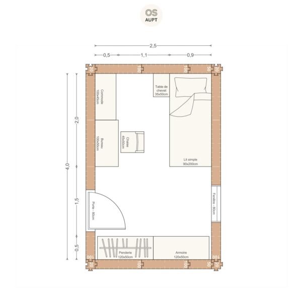 Plan chambre 10m2 avec lit 90cm bureau 100cm et lineaire de rangement 2. 5 x 4. 0 m