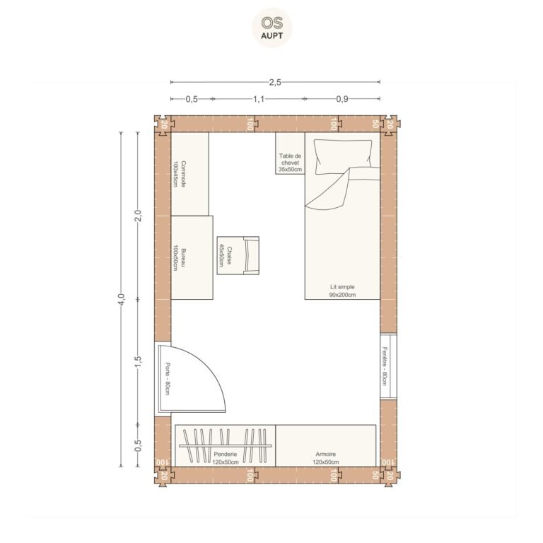 Plan chambre 10m2 avec lit 90cm bureau 100cm et lineaire de rangement 2. 5 x 4. 0 m