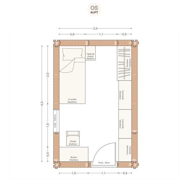 Plan chambre 10m2 avec lit 90cm bureau 100cm et penderie 2. 5 x 4. 0 m