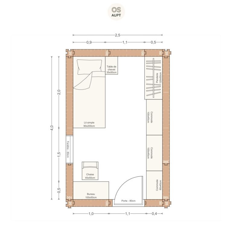 Plan chambre 10m2 avec lit 90cm bureau 100cm et penderie 2. 5 x 4. 0 m