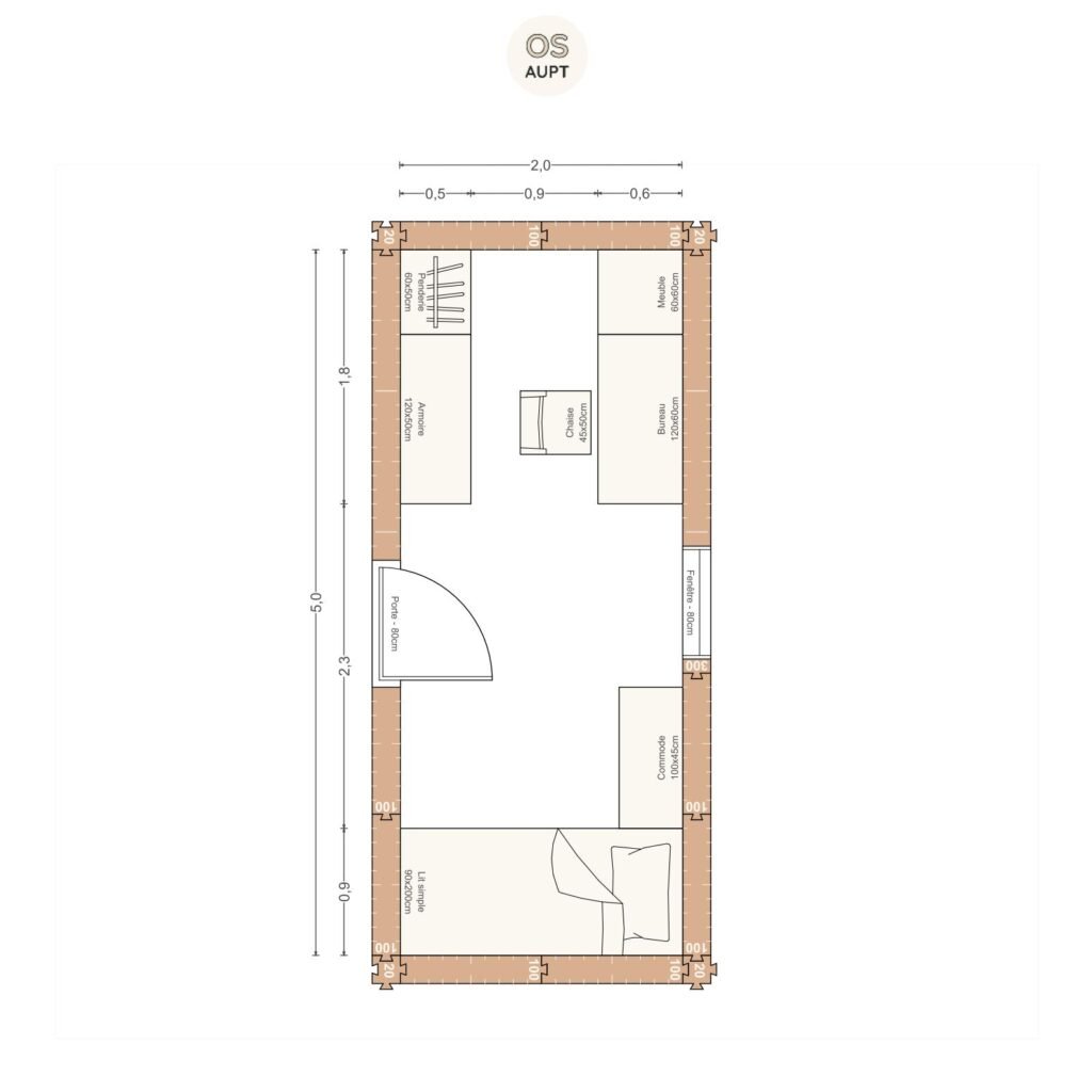 Plan chambre 10m2 avec lit 90cm bureau 120cm et armoire penderie 2. 0 x 5. 0 m