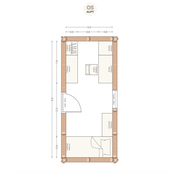 Plan chambre 10m2 avec lit 90cm bureau 120cm et armoire penderie 2. 0 x 5. 0 m