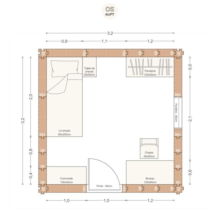 Plan chambre 10m2 avec lit 90cm bureau 120cm et penderie 3. 2 x 3. 2 m
