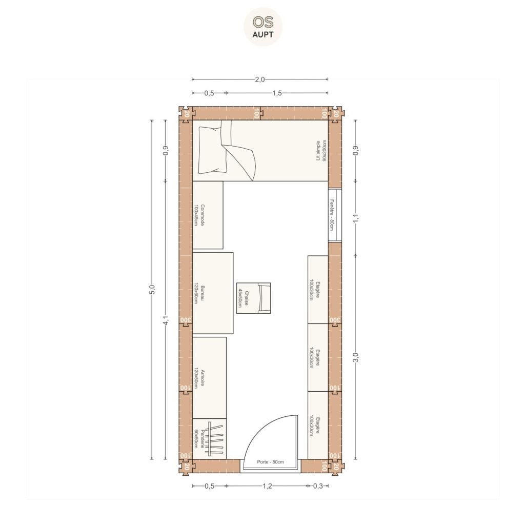 Plan chambre 10m2 avec lit 90cm bureau 120cm et rangements 2. 0 x 5. 0 m